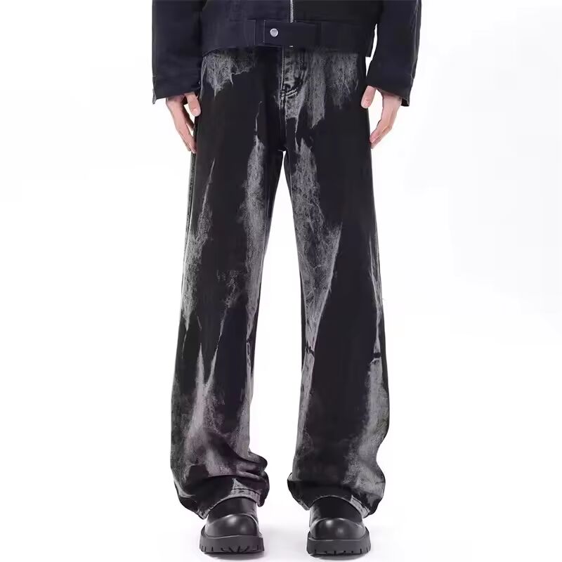 Spring Men's Goth Black Tie-dye Jeans Hip Hop Fashion Gradient Wide-leg Denim Pants 2025 New Y2K Vintage Baggy Jean Hombre