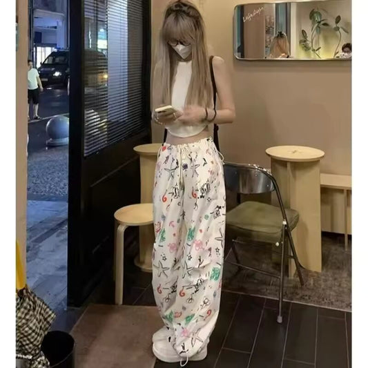 American y2k dopamine outfit hot girl cartoon graffiti work pants women summer loose wide legs