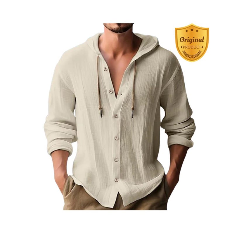 Men’s Summer Linen Hoodie Shirt – Casual Loose Long Sleeve Cardigan