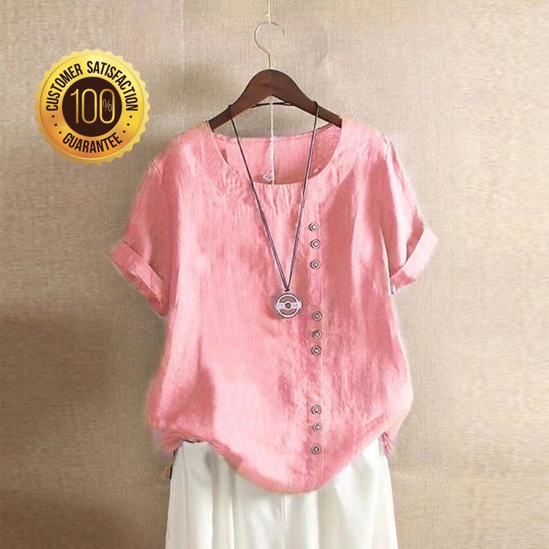 Women’s Linen Tunic Shirt | Casual Loose Fit Boho Blouse | Plus Size Top | Button-Up T-Shirt | Women’s Short Sleeve O-Neck Pullover Top