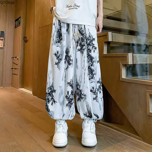 Chinese-style White Men's Drawstring Lantern Pants, Black Casual Trousers, Asian Sizes M-5XL.